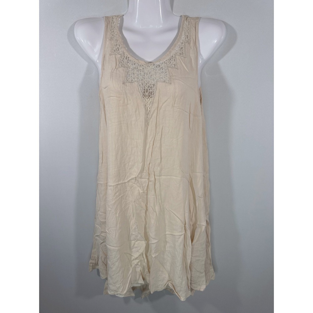 Vintage Cream Crochet Lace Neck Mini Dress Small Made in USA Babydoll Peasant